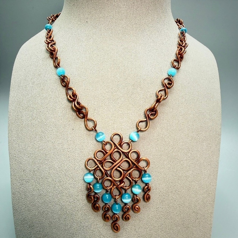 Vintage Copper Wire Blue Moonglow Necklace 18" Whimsical Summer Statement Fun